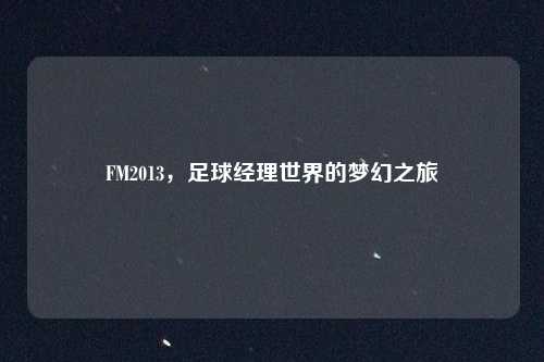 FM2013，足球经理世界的梦幻之旅